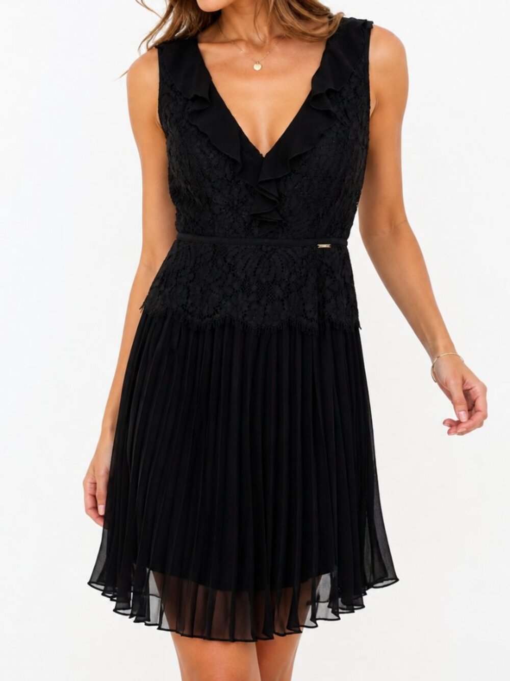 Liu Jo Black Lace Pleated Midi Dress Black | IT 42 / US 6-8